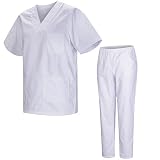 MISEMIYA Uniforme Sanitario Unisex MZ-8178, Conjunto de Casaca y Pantalón, 65% Poliéster y 35% Algodón, 190 g/m², 5 Bolsillos, Lavable hasta 90 °C, Blanco, Talla XS