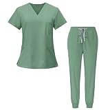 Meichoon Medical Scrubs Set Cuello en V Elástico Manga Corta Top Pantalones ajustados Secado rápido Oral Enfermera Médico Uniforme DK05 Verde Mediana