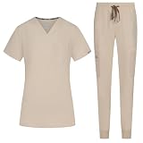 B-well NAOMI Uniforme médico para mujer con casaca y pantalón | Ropa sanitaria elástica, cómoda y profesional, arena, XXL