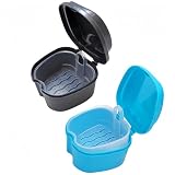 Heyumybit Caja de Dentaduras Postizas,2 Piezas Caja de Protección dental con Colador,Almacenamiento de Dientes Falsos para Remojo Limpieza(Negro,Azul)