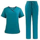 Meichoon Conjunto de uniformes médicos de enfermería para mujer, cuello en V, manga corta y pantalón jogging, suave y absorbente DK51Lake Blue M