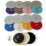 URAQT 11pcs Discos de Pulido de Diamante, 4'/100mm almohadillas de pulido de diamante húmedo 50 100 200 400 800 1500 3000 6000, Juego de Pulido de Mármol para Hormigón Granito Piedra Mármol