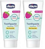 Chicco Pasta de Dientes de Fresa Sensible de Baja Abrasión con Flúor, Xilitol, Sin Conservantes, Ayuda a Prevenir Caries y Eliminar Placa - para Niños+1 Año, 50 ml (Paquete de 2)