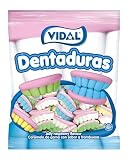 Vidal Golosinas. Dentaduras. Las originales en colores blanco, azul, verde y amarillo. Caramelo de goma con forma de dentadura, sin gluten ni grasa. Bolsa 250 u
