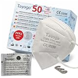 Tayogo 50 Mascarillas FFP2 Blancas o Negras, CE 0598, 5 Capas, Filtración 99,5%, Hipoalergénicas, Sin Olor, Cómodas, Embalaje Individual, Protección Respiratoria + 2 Ganchos Salvaorejas, Ajuste Cómodo