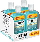 Listerine Mentol Sabor Suave Enjuague Bucal 0% Alcohol, 750 ml, 4 uds | Sin Alcohol, 24 h de Protección, Previene Caries, Sabor Suave, Protege Encías, Reduce Placa y Sarro, Aliento Fresco