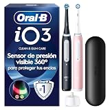 Oral-B iO 3 Cepillos de Dientes Eléctricos, Negro Y Rosa, Pack de 2 | Cepillo Dental con 2 Cabezales, Estuche de Viaje, Sensor de Presión Y 3 Modos de Cepillado, Batería de Larga Duración