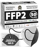 ADESTE – 50 Mascarillas FFP2 NR D Negras con Certificado CE, cadena controlada, elásticos cómodos, hipoalergénicos y regulables. Seguras: potencia de filtrado BFE 99,5%. Sobres individuales sellados