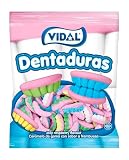 Vidal Golosinas. Dentaduras Pica Originales. Golosinas en forma de dentadura sabor frambuesa con cobertura ácida. Colores blanco, azul, verde, amarillo y rosa. Sin gluten ni grasa. Bolsa 250 u